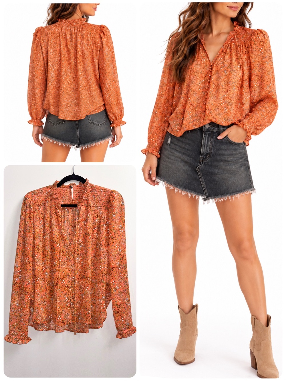 Free People Lela Blouse in Coral Combo Floral Tie Neck Top Size XS